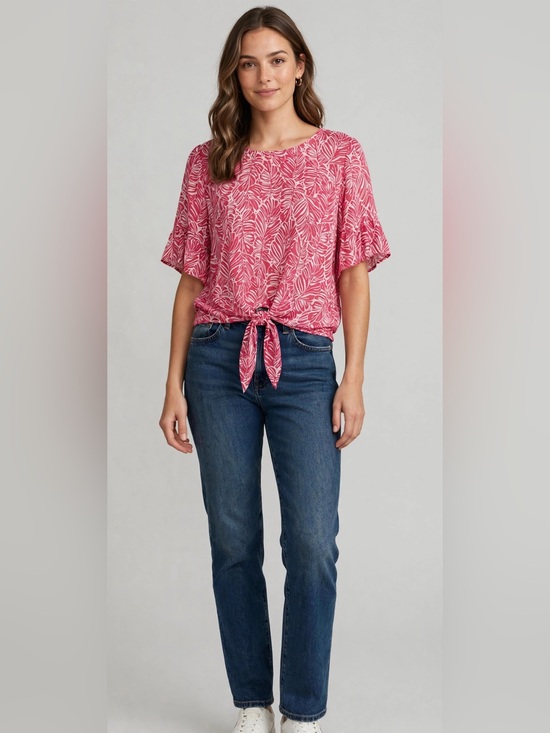 Counterparts Tops - Counterparts Pink and White Leaf Tie-Front Flutter Sleeve Blouse
